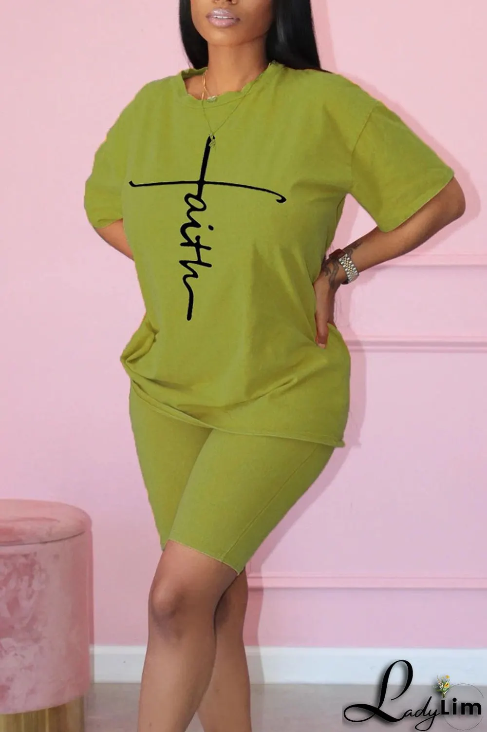 Yellow Casual Print Patchwork O Neck Short Sleeve Two Pieces