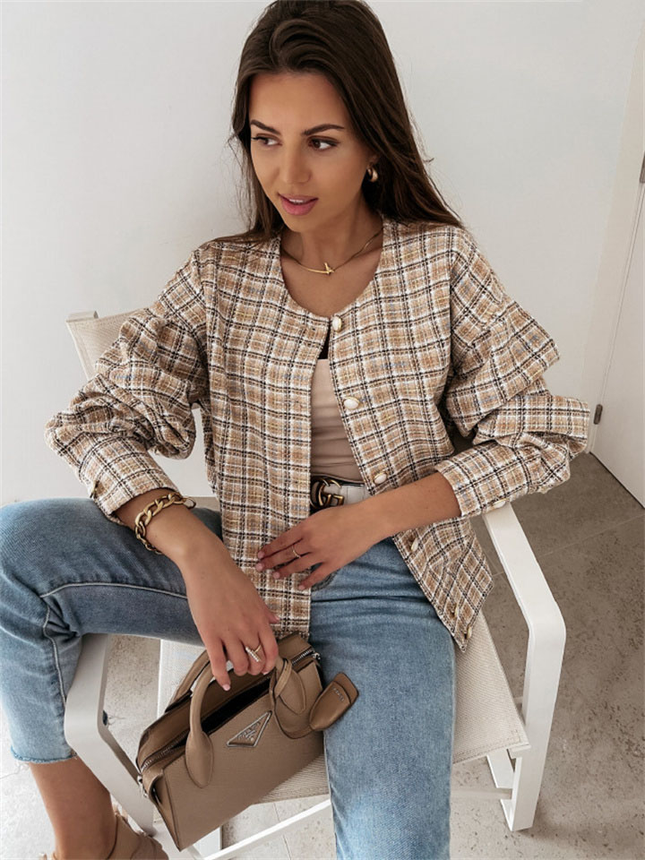 Women's Loose Round Neck Plaid Printed Long Sleeve Short Jacket Coat Women's S-XXL | 168DEAL