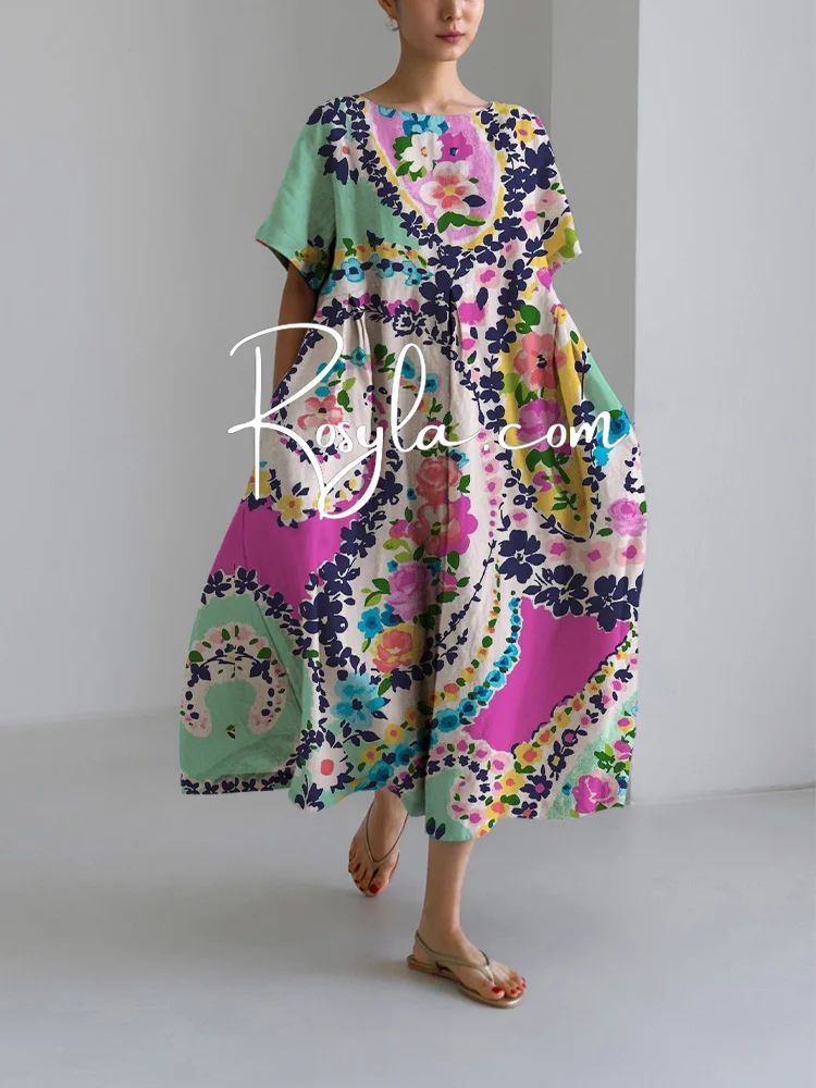 Women's Cashew Flowers Print Loose Round Neck Medium Length Skirt Dress