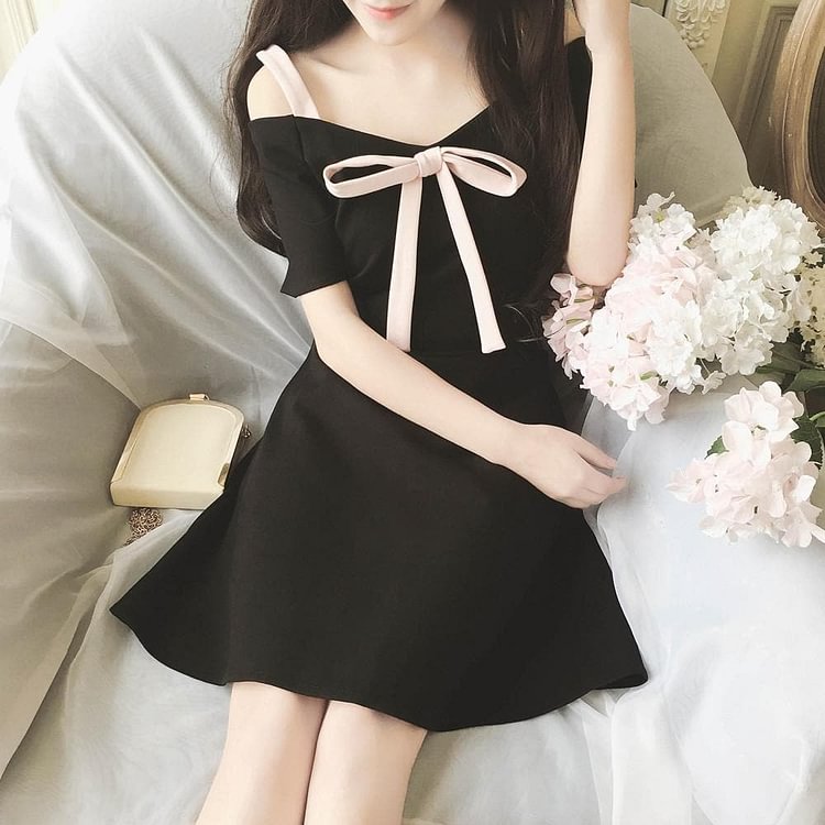 Black/Pink Sweet Off-Shoulder Bowknot Dress SP179304
