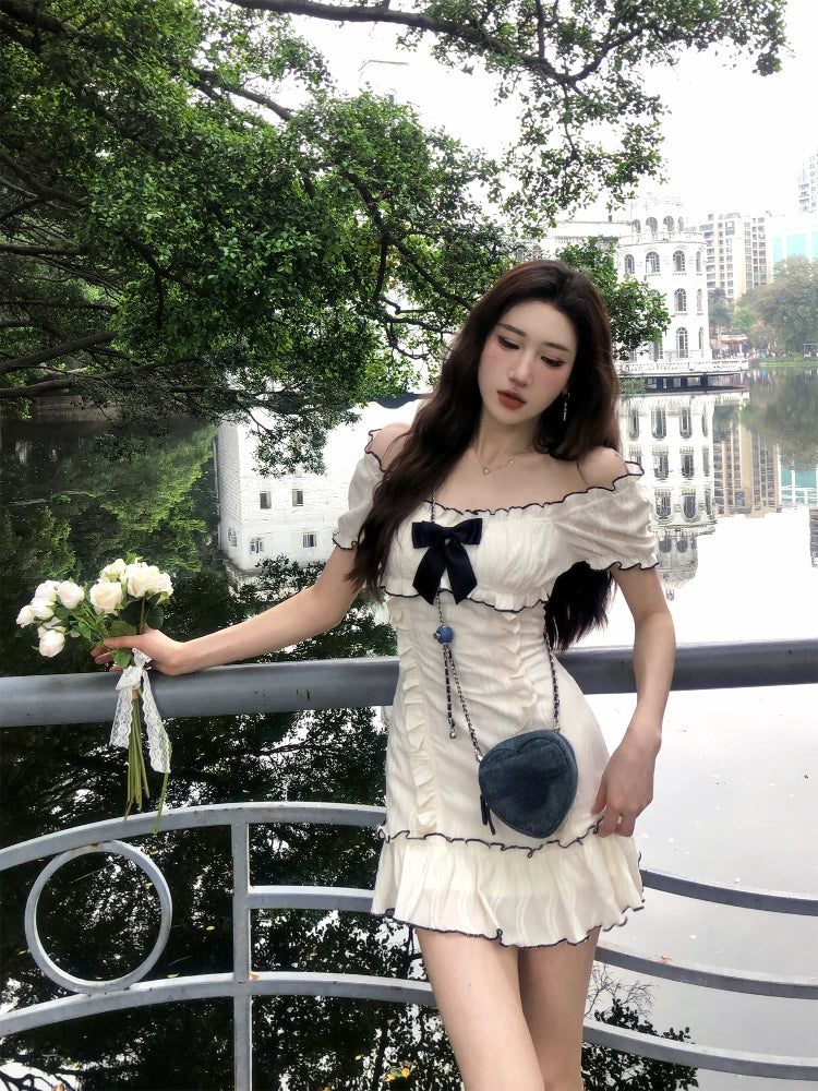 Aiertu 2024 Summer Woman Short Sleeve Y2k Mini Dress Party Slim Sweet Bow Dress Casual Outwear One Piece Dress Korean Fashion Chic Aiertu