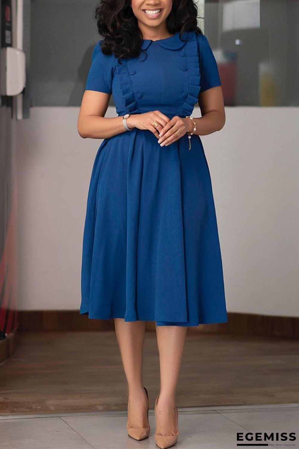 Blue Fashion Regular Sleeve Short Sleeve Peter Pan Collar Knee Length Solid Dresses | EGEMISS