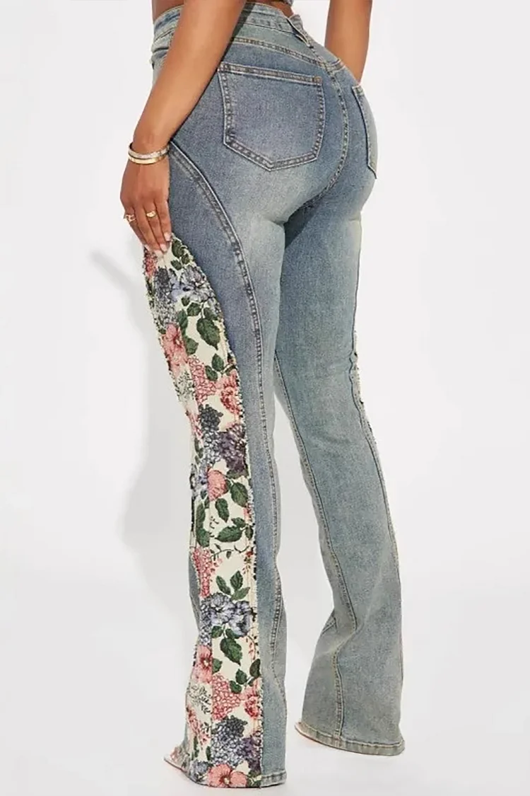 Floral Pattern Patchwork Denim High Waist Slim Fit Bootcut Jeans-Blue
