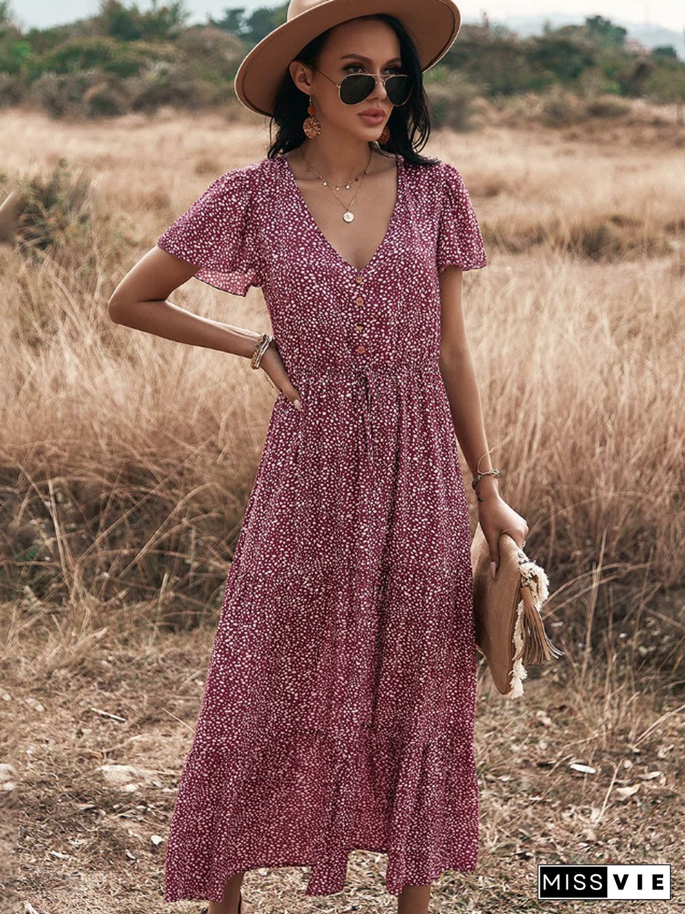 Sexy Big Swing Leopard Print Dress Spring/summer Short-sleeved Bohemian Vacation