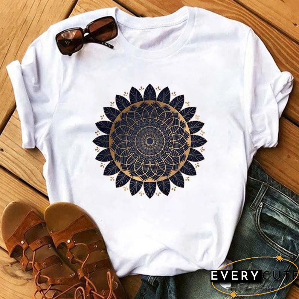 Maycaur New Mandala Floral Printed T Shirt Women Casual Fashion T-shirt Loose Short Sleeve 90s Girls Aesthetics Black Tshirt Top
