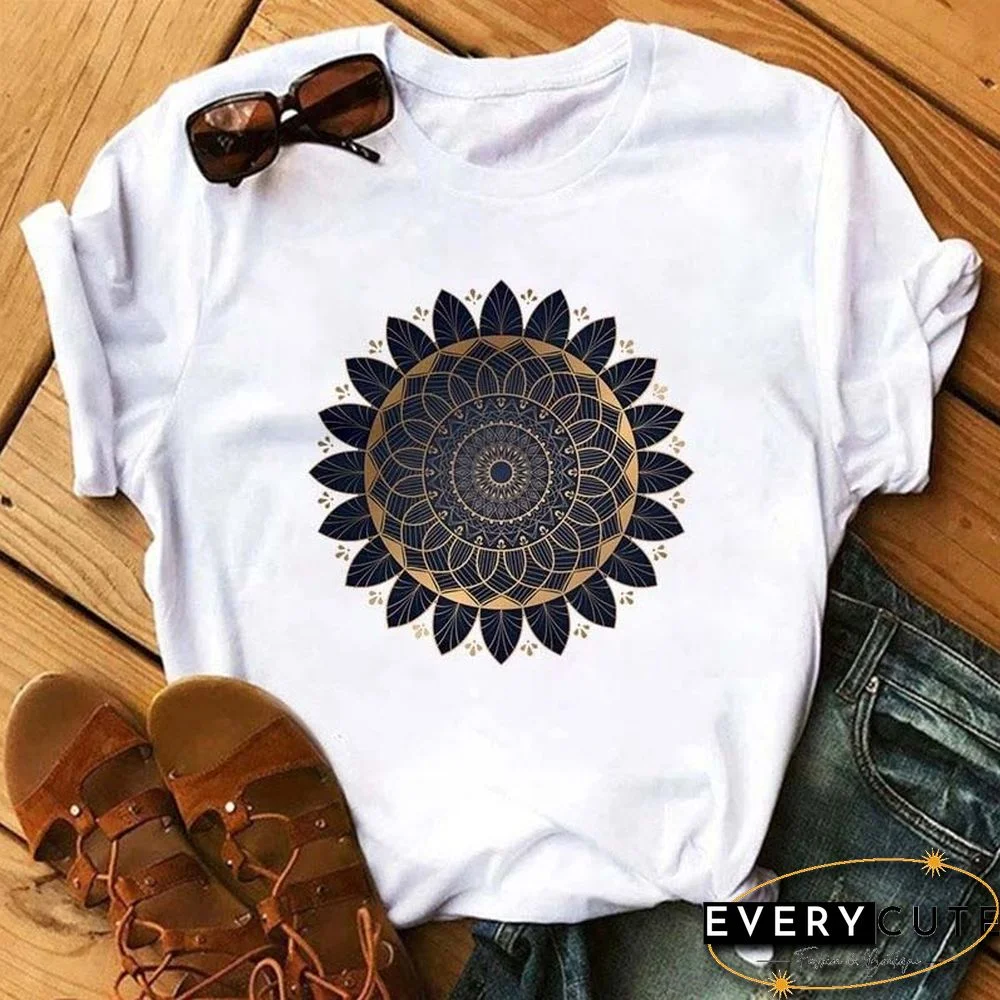 Maycaur New Mandala Floral Printed T Shirt Women Casual Fashion T-shirt Loose Short Sleeve 90s Girls Aesthetics Black Tshirt Top