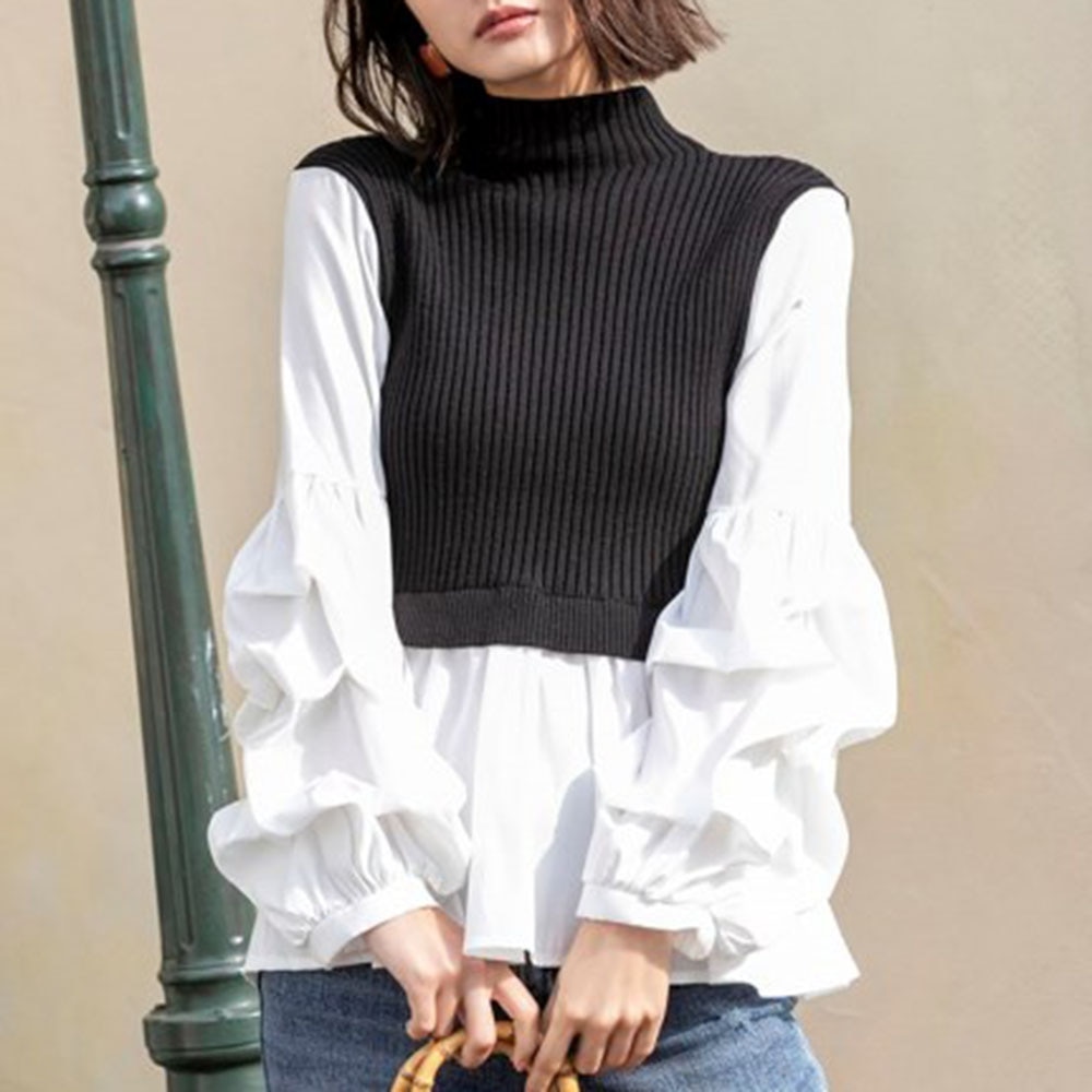Women Turtleneck Sweater Fashion Knitted Patchwork Long Sleeve Tops