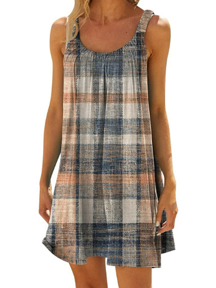 Brown Plaid Print Sleeveless Strap Mini Casual Loose Fit Dress