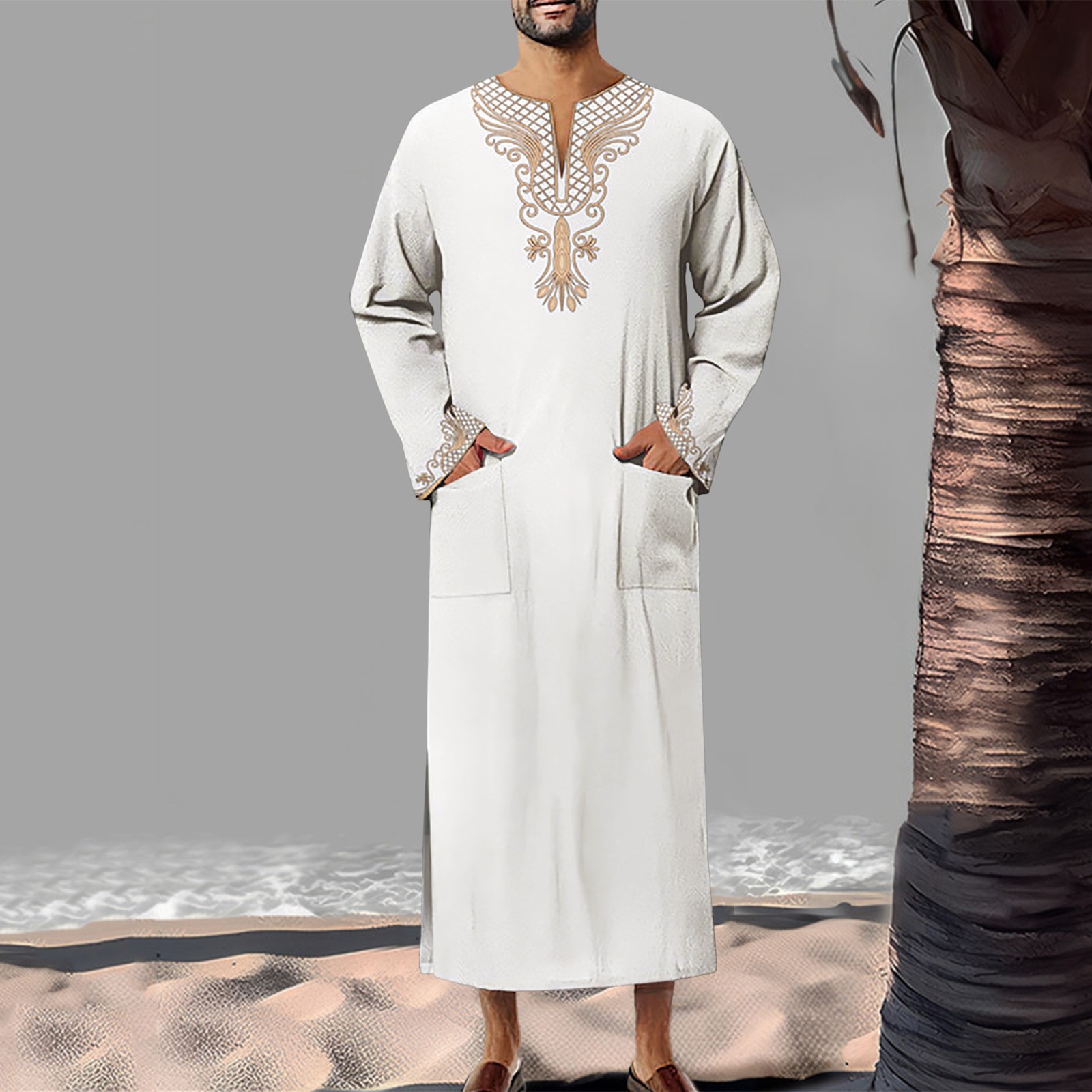 Soloyy men costume adult Men Shirts Summer Mens Arab Muslim Mens Long Sleeve Robe Printed V Neck Design Loose Breathable Robe 한국 동대문 2024