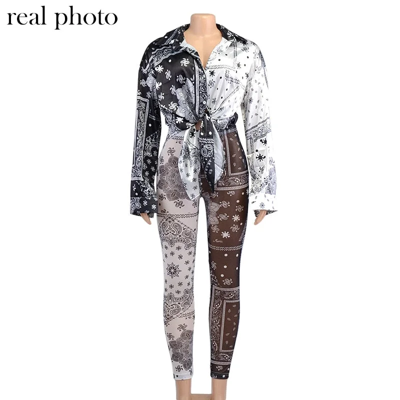 Simenual Bandana Patchwork Baddie Outfits Satin Blouse And Mesh Leggins Two Piece Set Long Sleeve Fall 2021 Casual Co-ord Sets
