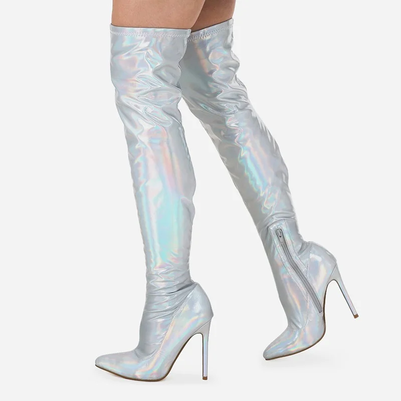 Silver Pointed Toe Over The Knee Boots Zipper Stiletto Heel Boots Nicepairs