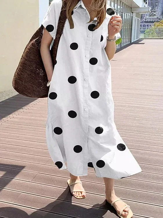 Casual Polka Dots Shirt Collar Dresses
