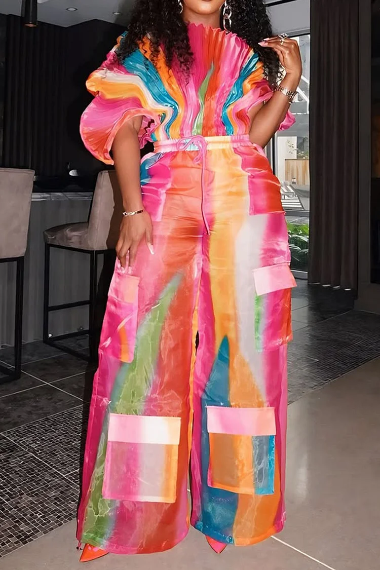 Plus Size Daily Hot Pink Gradient Round Neck Batwing Sleeve Half Sleeve Cargo Pleated Two Piece Pant Sets [Pre-Order] 2024 - Xpluswear