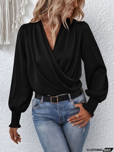 Surplice Smocked Lantern Sleeve Blouse