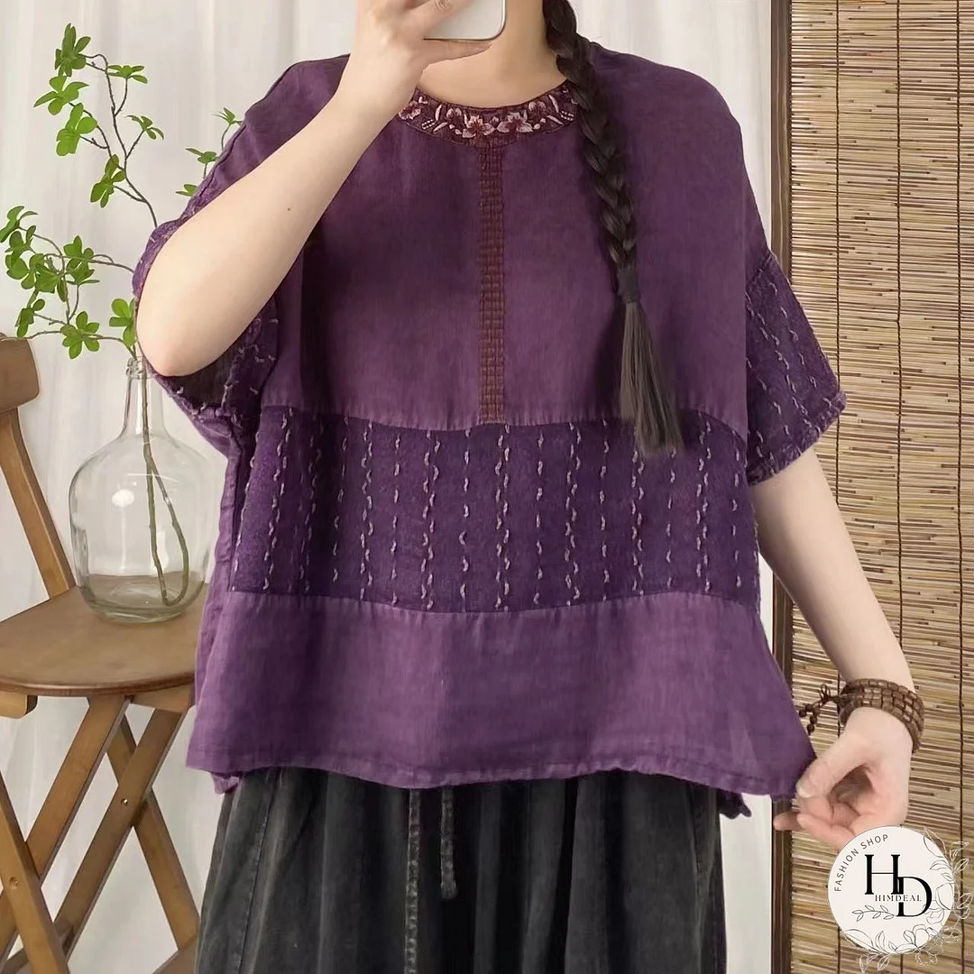 Women Purple Summer Retro Casual Linen Shirt