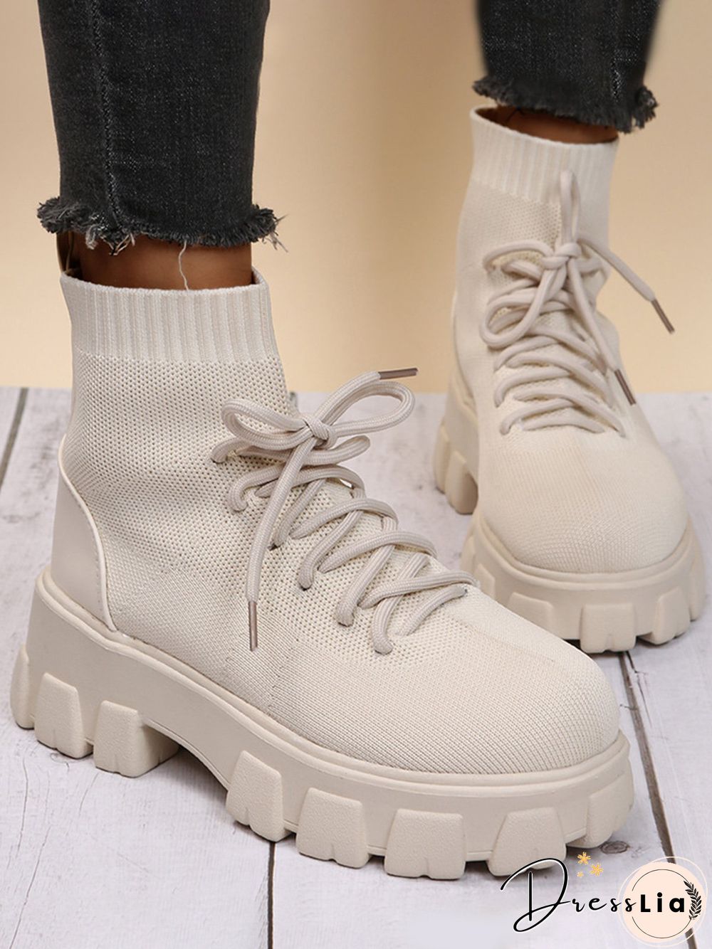 Versatile Platform Lace-Up Casual Black Short Flyknit Sock Boots