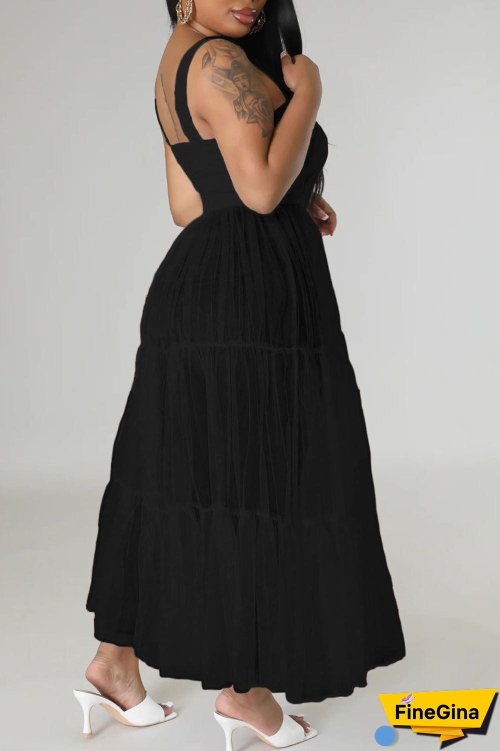 Black Casual Simplicity Solid Patchwork Fold Mesh Spaghetti Strap High Waist Tops