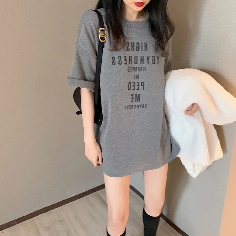 ONCE Summer Autumn Round Neck Long 1/2 Sleeved Dress Grey And White Letter Dresses Casual Elegant Loose Causal Mini Dress Plus