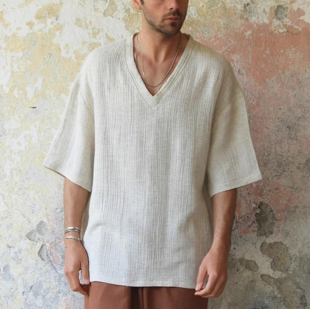 Men's Holiday Linen V-neck Short Sleeve Shirt-inspireuse