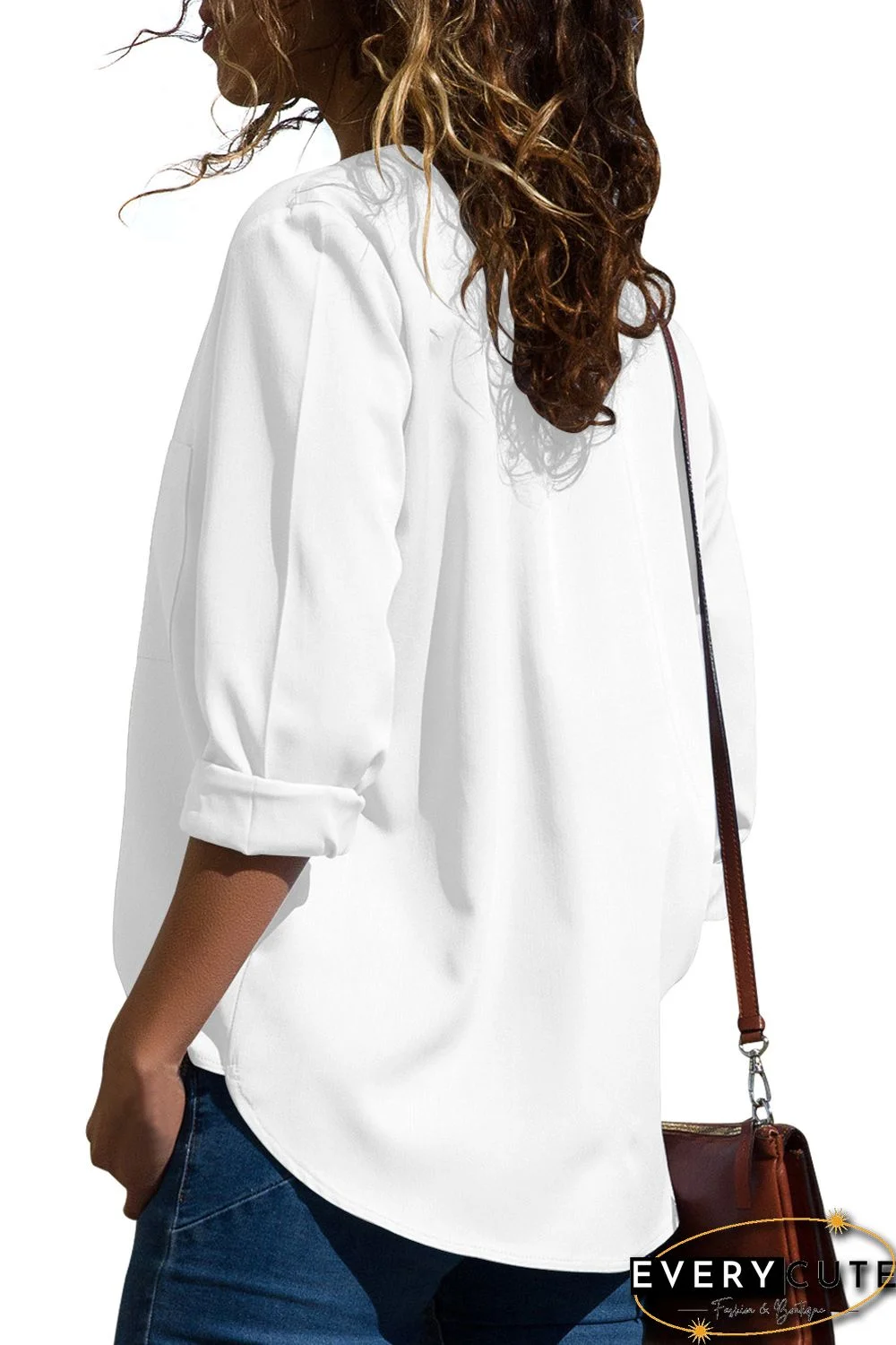 White Pockets V-Neck Long Sleeve Blouse