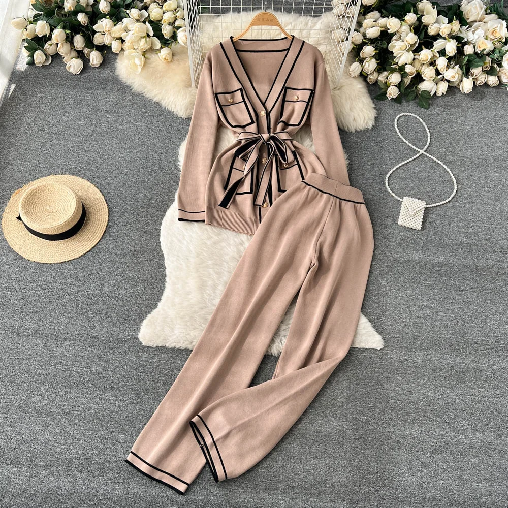 Toloer Fashion Sweater Two Pieces Sets Ladies Long Sleeve Knit Cardigan+Wide Leg Knit Long Pant Sets Women OL Knitted Suits