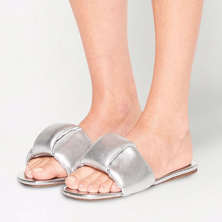 Silver Slide Shoes Women's Classy Open Toe Casual Flat Mules |FSJ Shoes