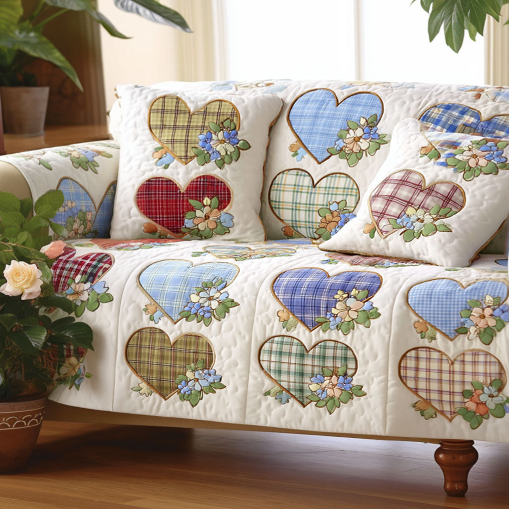 Patchwork Hearts Quilted Sofa Cover NCU0NT11882 everthome