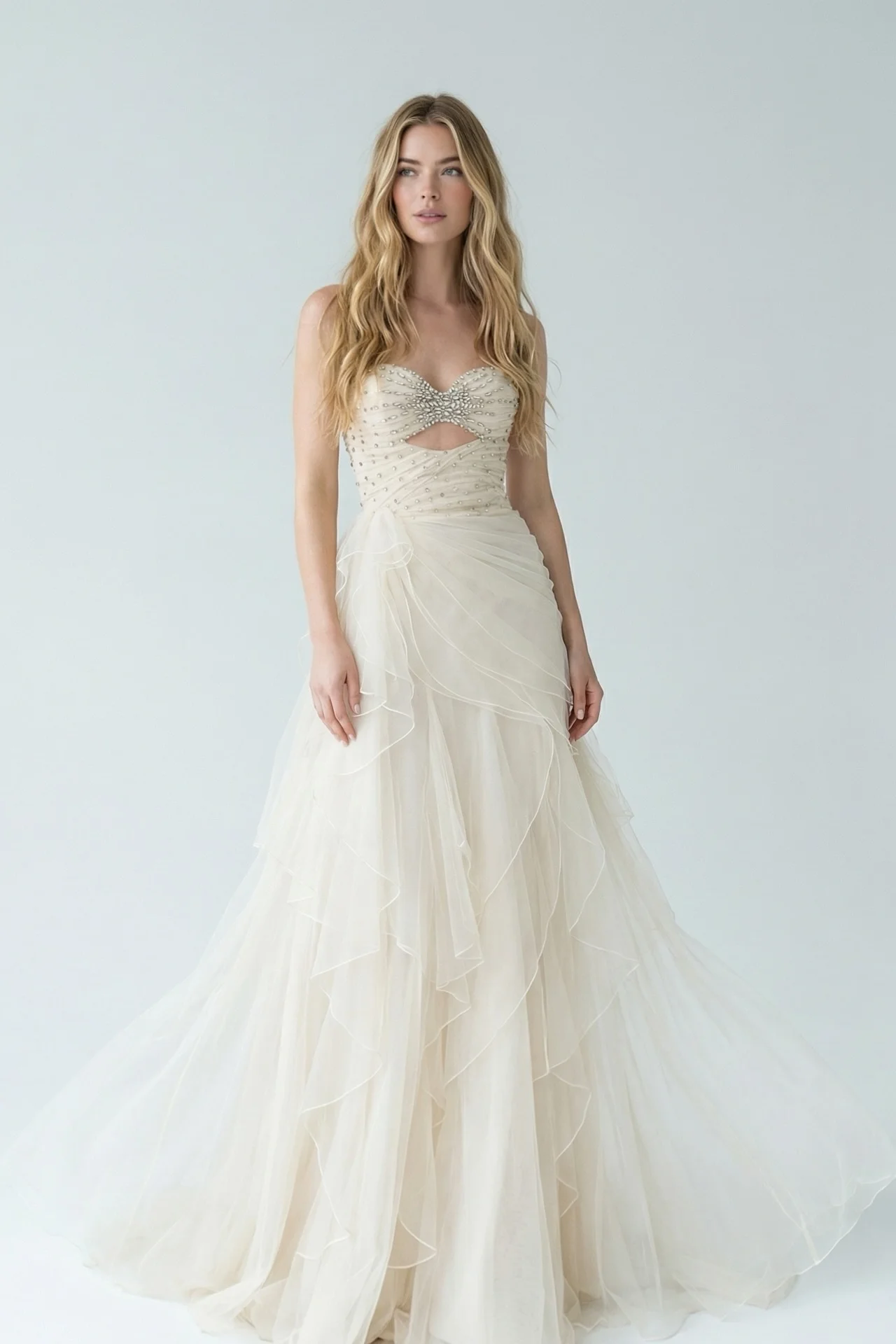 Lussooy Sweetheart White A-Line Evening Dress Floor Length Pleated with Rhinestone