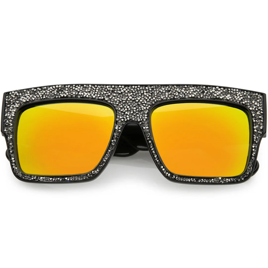 Women's Rhinstone Crystal Flat Top Square glasses Mirrored Lens 57mm