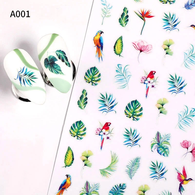 Harunouta 1pcs Summer Simple Green Theme 3D Sticker Decals Flower Leaf Tree Sping Bird DIY Slider For Manicuring Nail Art Wraps