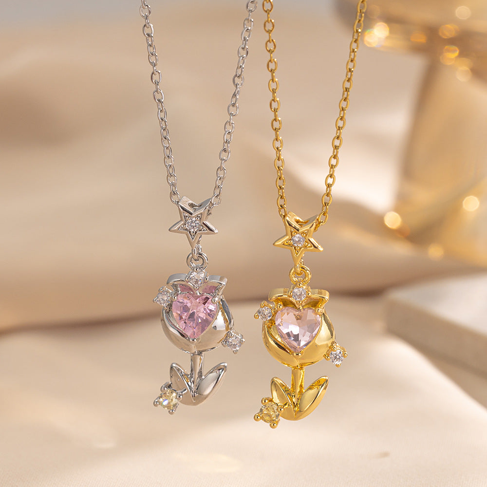 Tulip Zircon Love Rose Gold Gorgeous Full Diamond Necklace Female Versatile Clavicle Chain Titanium Steel Chain