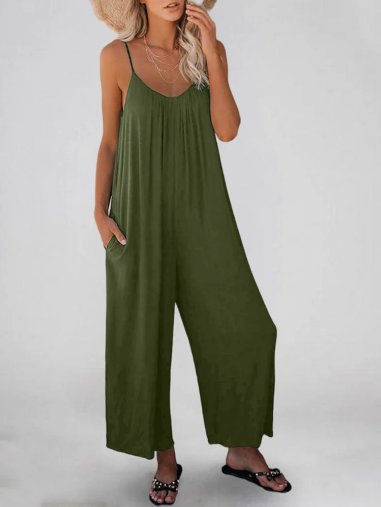 Solid Color Slip Pocket Casual Suspender Jumpsuit