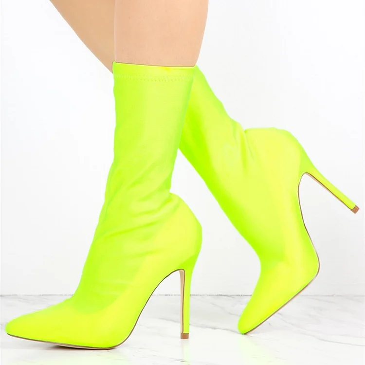 Neon Sock Boots Lycra Pointy Toe Stiletto Heel Mid Calf Booties |FSJ Shoes