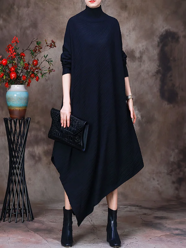 Irregularity Roomy Pure Color High-Neck Sweater Dresses