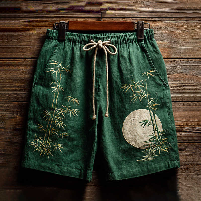 Japanese Bamboo Art Print Linen Blend Casual Shorts  artssus