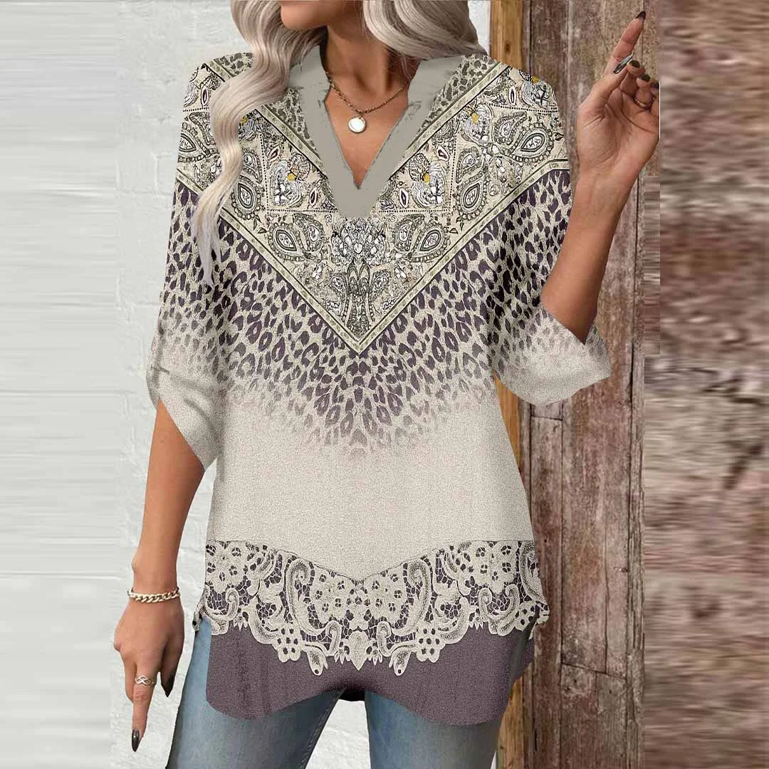Women Retro, Purple, Gray DZGA0640 3/4 Sleeve V-neck Printed Graphic Button Tops