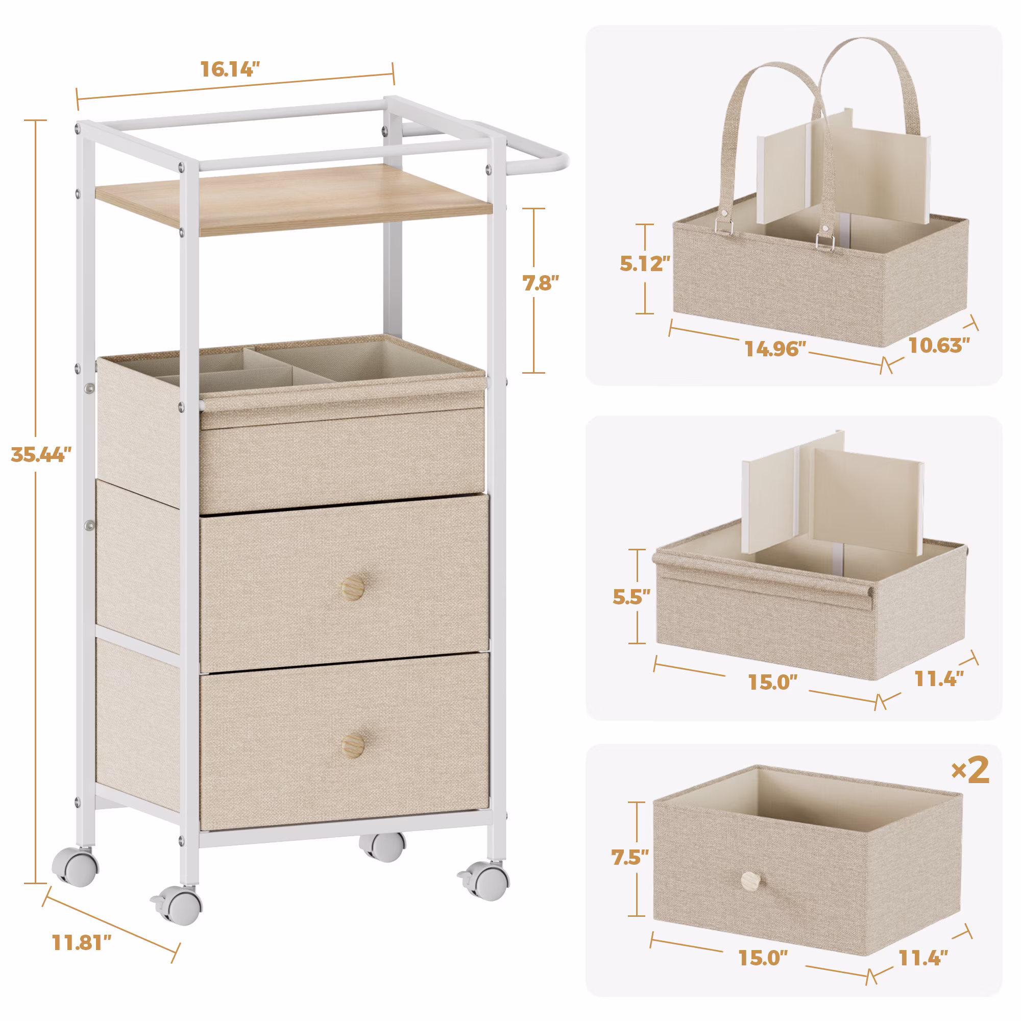 Baby Diaper Caddy Organizer Cart with Drawers - 3In1 Rolling Storage Cart with Wheels, Removable Diaper Caddy, Detachable Dividers - for Crib, Bedroom, Art & Craft Organizer (Off White)
