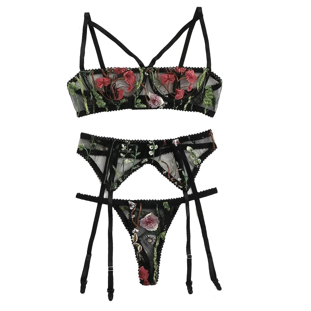 Sexy Underwear Set Women Sexy Mesh Transparent Lingerie Floral Embroidery Lace Cut Out Bra Set Intimates Brief Sets With Garter