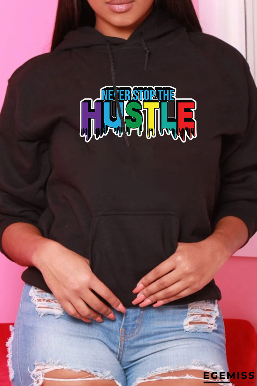 Black Casual Print Patchwork Hooded Collar Tops | EGEMISS