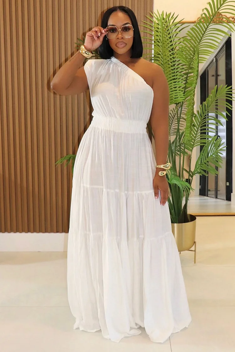 One Shoulder Ruched Waist Quilted Hem Daily Maxi Dresses-White