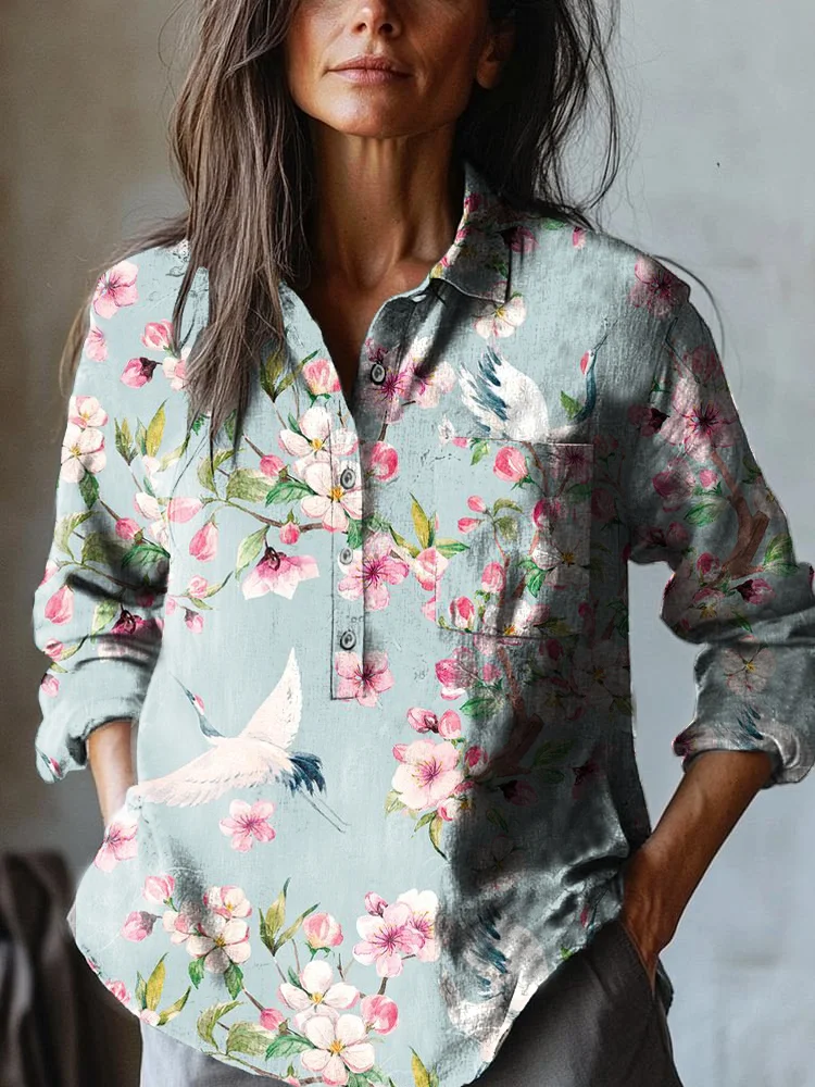 Women's Japanese Classic Flowers And Cranes Art Print Casual Cotton And Linen Shirt