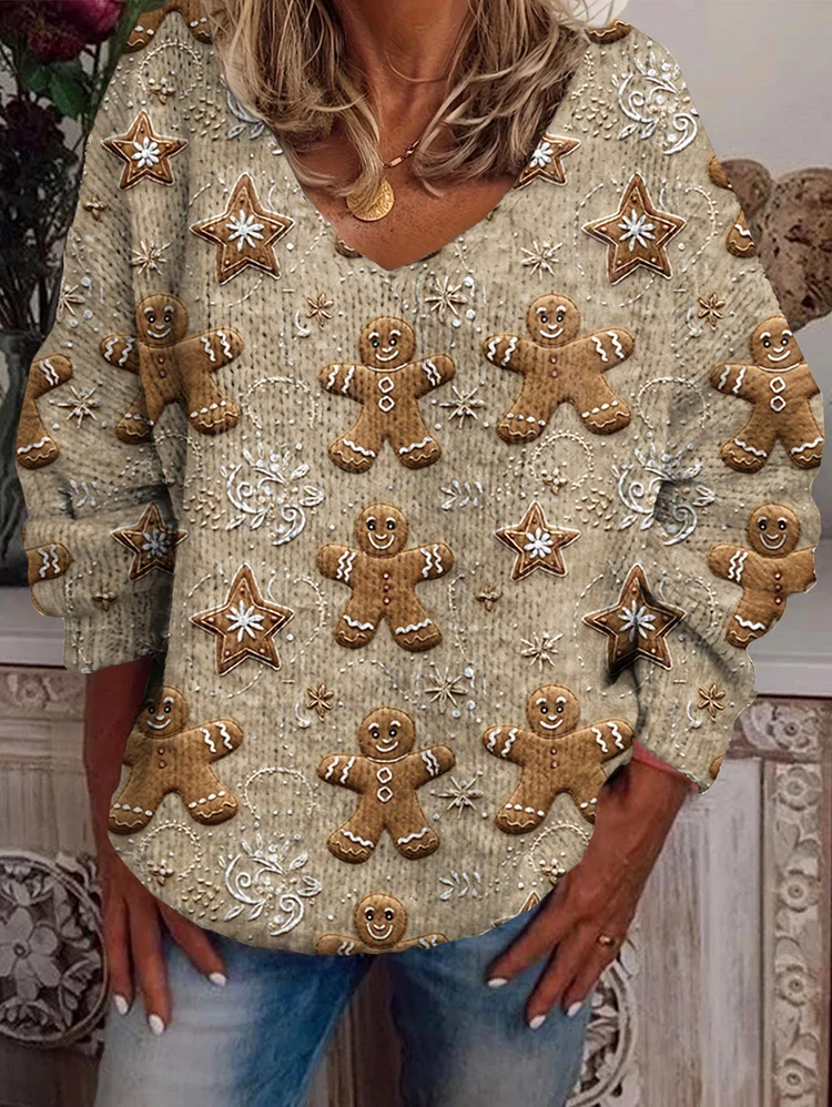 Christmas Gingerbread Print V-Neck Long Sleeve Sweater