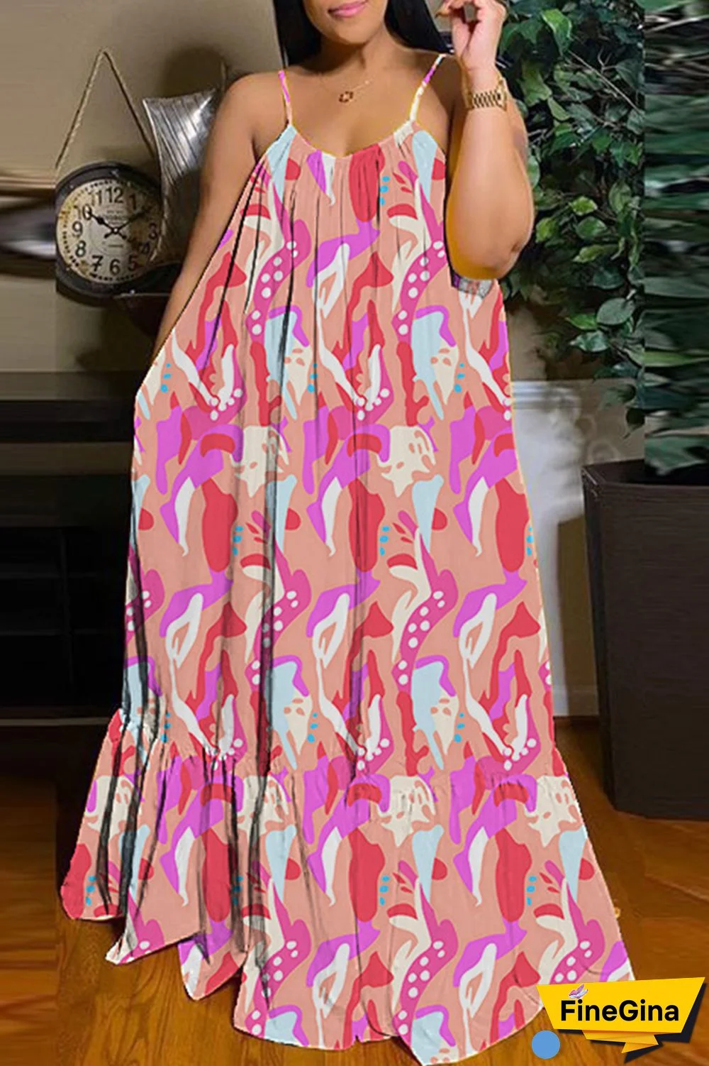 Purple Sexy Casual Print Backless Spaghetti Strap Long Dress Dresses