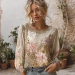 Women's Bohemian Lily Print Dyeing Gold Round Neck Long Sleeve Top - Image 2