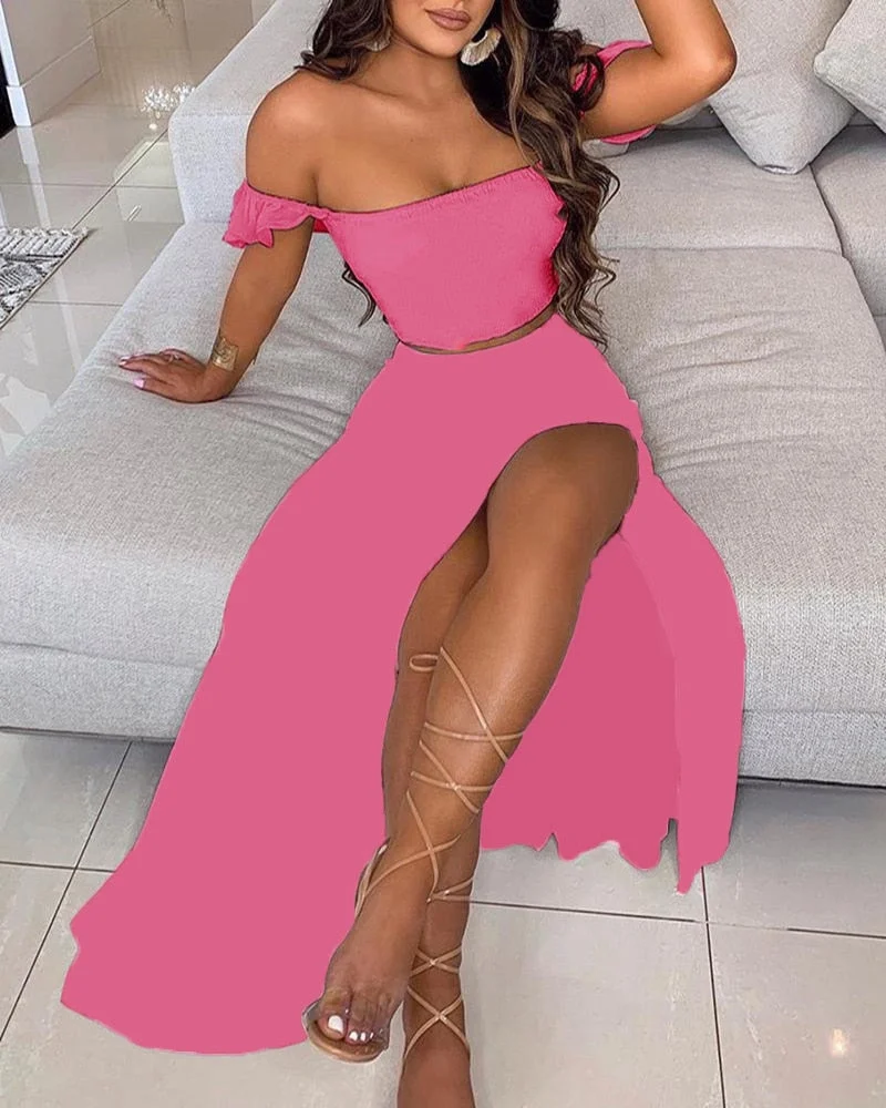 CM.YAYA Women Boho Elegant High Side Split Maxi Long Skirts Suit with Strapless Crop Tops Matching Two 2 Piece Set Outfits 2022