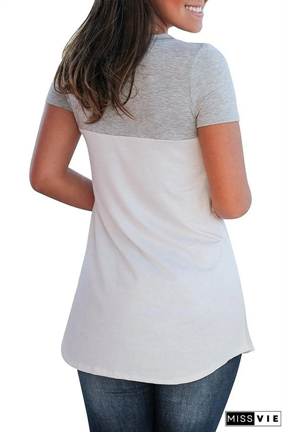 Mixed Color Pocket V Neck Top