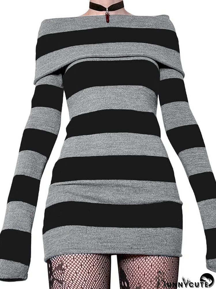 Off Shoulder Long Sleeve Striped Knit Mini Dress