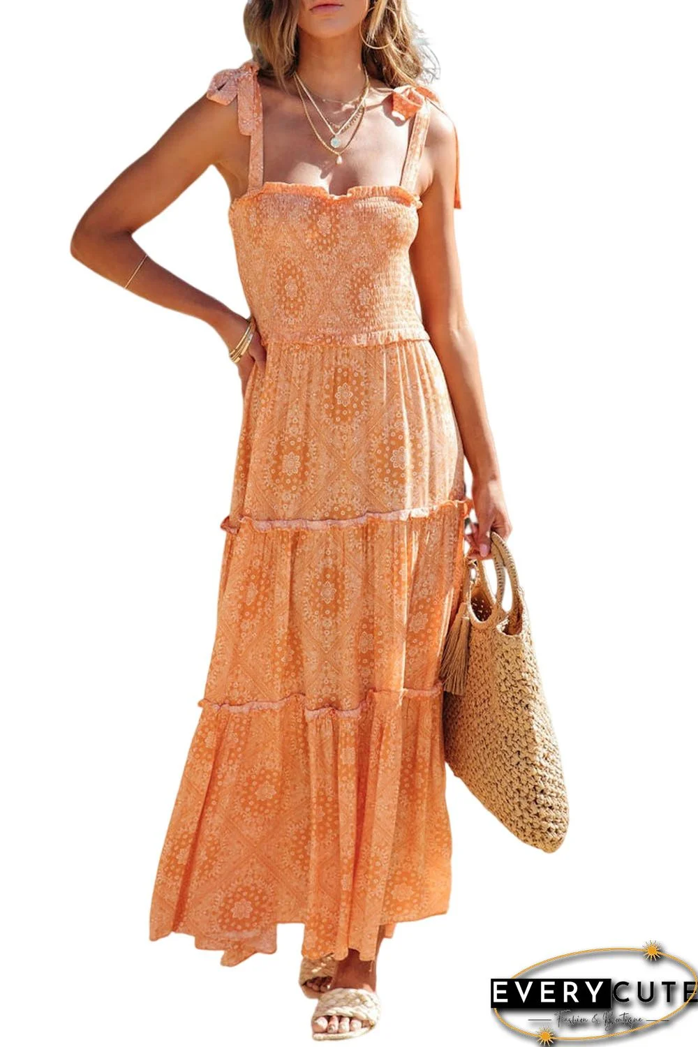 Orange Boho Floral Print Lace-up Straps Tiered Smocked Maxi Dress