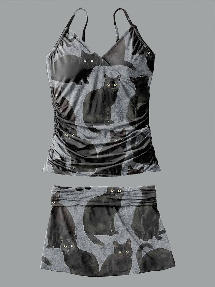 V Neck Vintage Art Black Cat Pattern Halter Pants Skirt Set Swimsuit