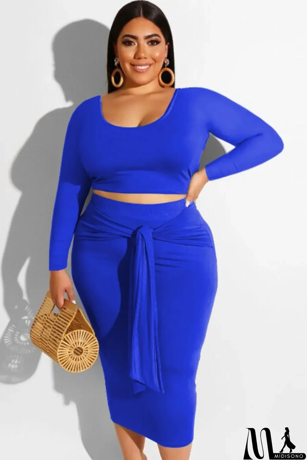 MidiSono - Fall Plus Size Blue Crop Top and Midi Skirt Set